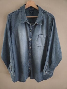 J. Jill Denim Half Button Down Shirt Tunic Long Sleeve Sz XL Pocket Cotton